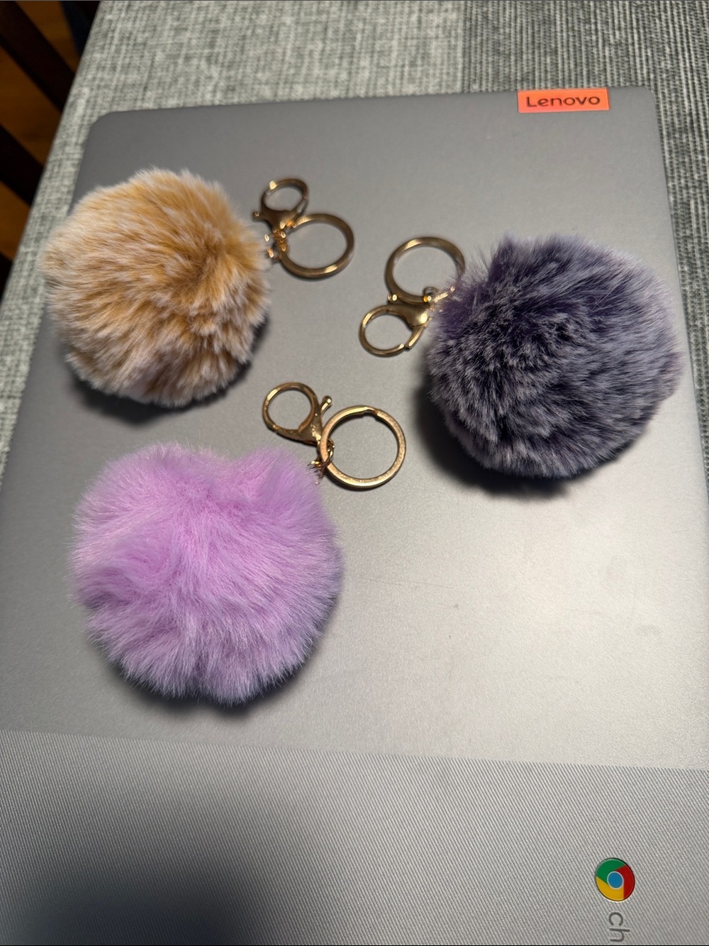 Faux Fur Pom Pom Keychains - Lavender, Gray, Camel with Gold Hardware - Picture 2 of 6